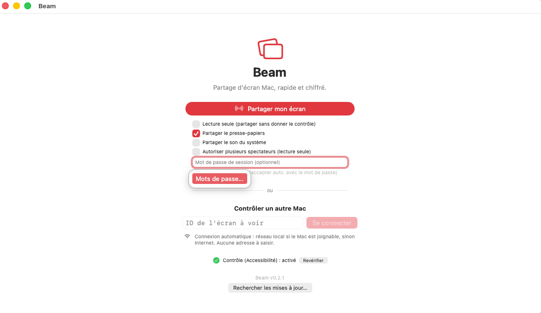 Partagez votre écran et contrôlez un autre Mac à distance — rapide, chiffré de bout en bout, et sans aucune configuration. Réseau local ou Internet, détecté automatiquement.